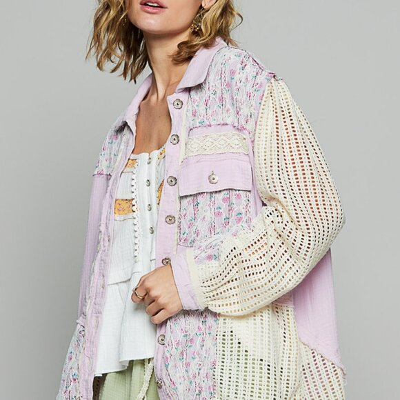 P7239 POL  Lavender jacket, balloon sleeve, relaxed fit top in twill with lace - Picture 2 of 5